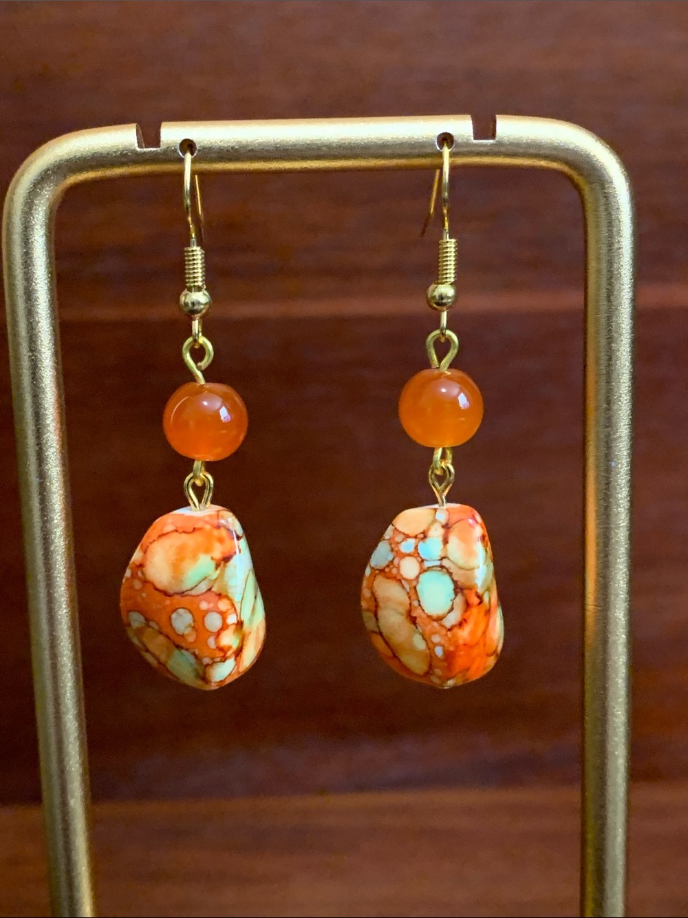 NWT Handmade gold tone orange and yellow bead earrings